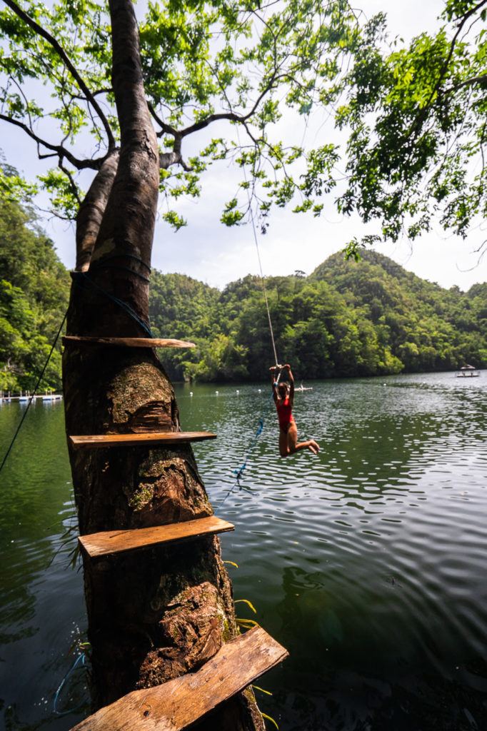 eine Person, die an einem Baum im Wasser hängt.