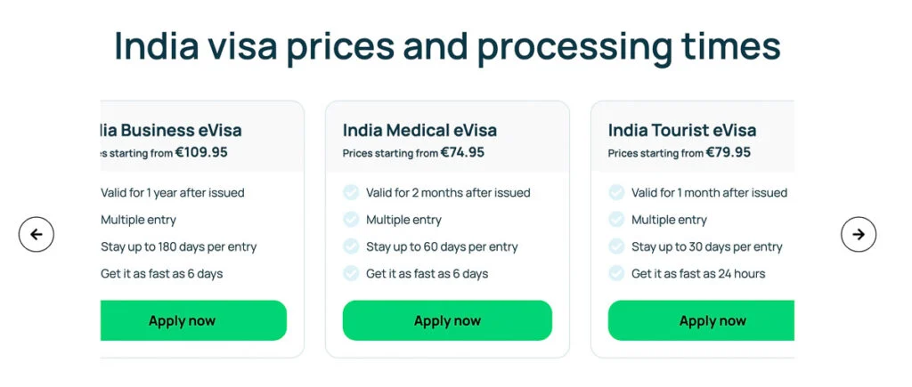 Es werden drei Arten von Indien-e-Visa angezeigt: Geschäftsvisum (109,95 €), medizinisches Visum (74,95 €) und Touristenvisum (79,95 €), mit Details zu Gültigkeit, Einreise, Aufenthalt und Bearbeitungszeiten.