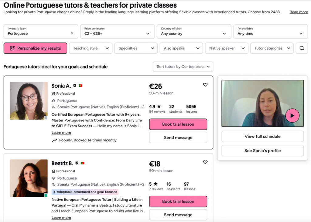 Screenshot einer Online-Nachhilfeseite, auf der zwei Portugiesischlehrer, Sonia A. und Beatriz B., mit ihren Profilen, Preisen, Bewertungen und Optionen zum Senden einer Nachricht oder zum Buchen einer Probestunde zu sehen sind.