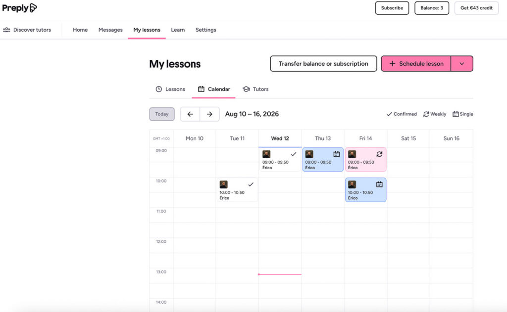 Screenshot des Preply-Kalenders „Meine Lektionen“, der geplante Online-Lektionen mit einem Tutor namens Enea vom 10. bis 16. August 2026 zeigt, wobei die Sitzungen für Mittwoch, Donnerstag und Freitag gebucht werden.