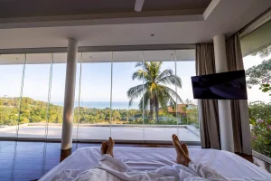 View from a bed looking out through floor-to-ceiling windows at a tropical landscape, palm tree, and ocean.